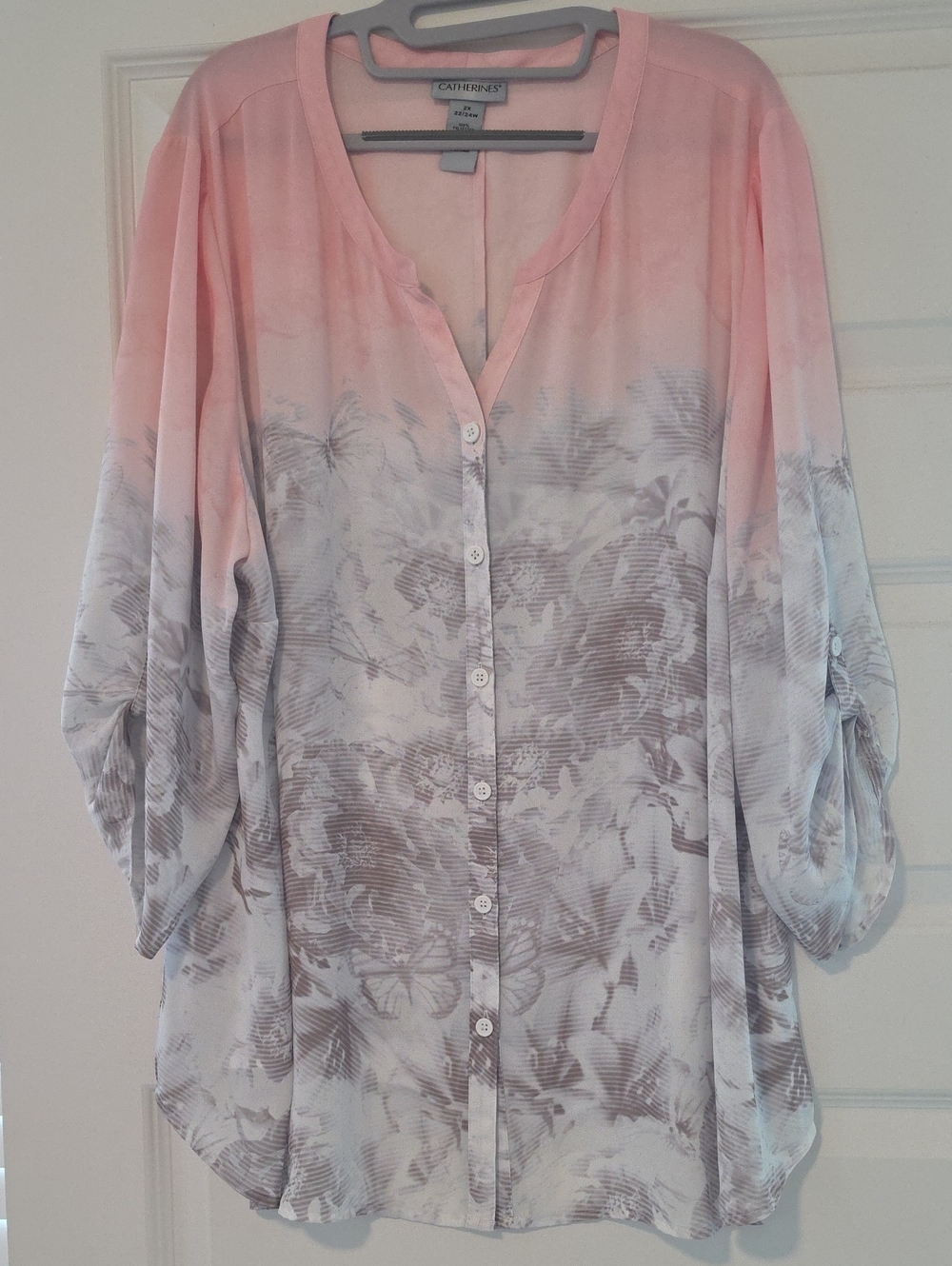 Catherines Pink and Neutral Ombre Floral Button-Front Shirt, 22/24